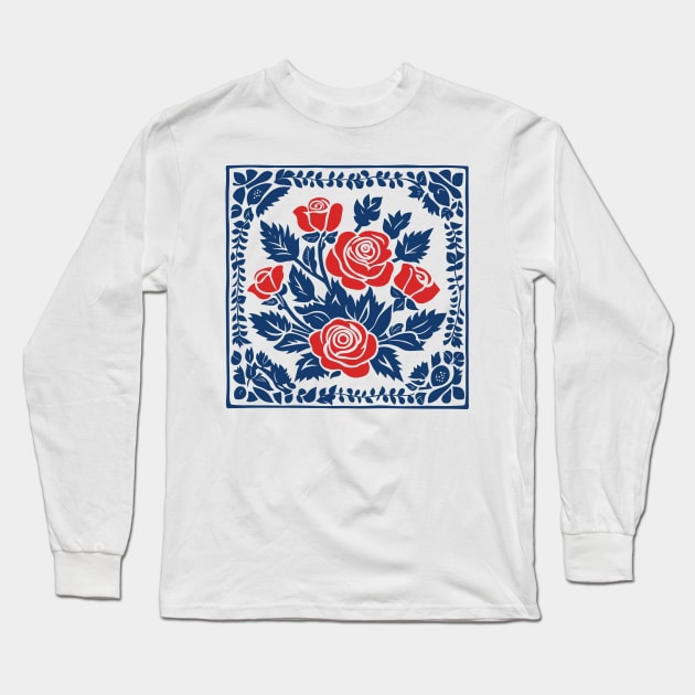 Blue and white roses scandinavian folk art style Long Sleeve T-Shirt by craftydesigns